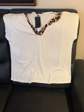 White V-Neck Top with Leopard Trim